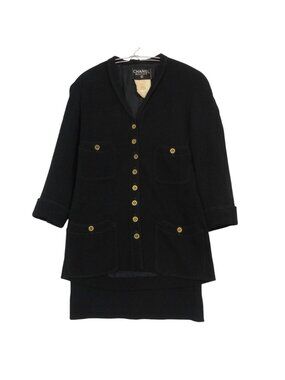 Chanel Vintage Suit Set Rib Stripe Gold Button Skirt Shawl Collar Knee Length